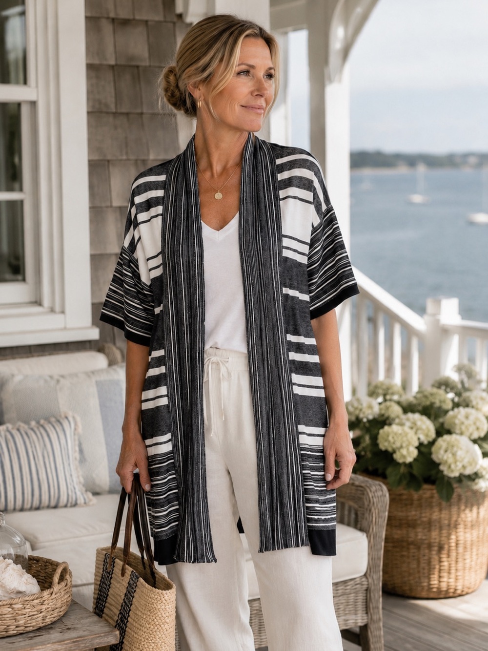 VINCE Women's Short Sleeve Open Front Long Cardigan Black White gray Size Small